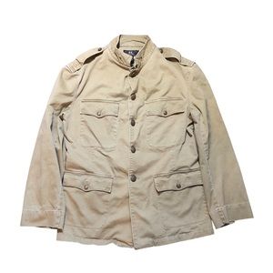 mens double rl rrl military jacket medium beige shoulders patches metal button.
